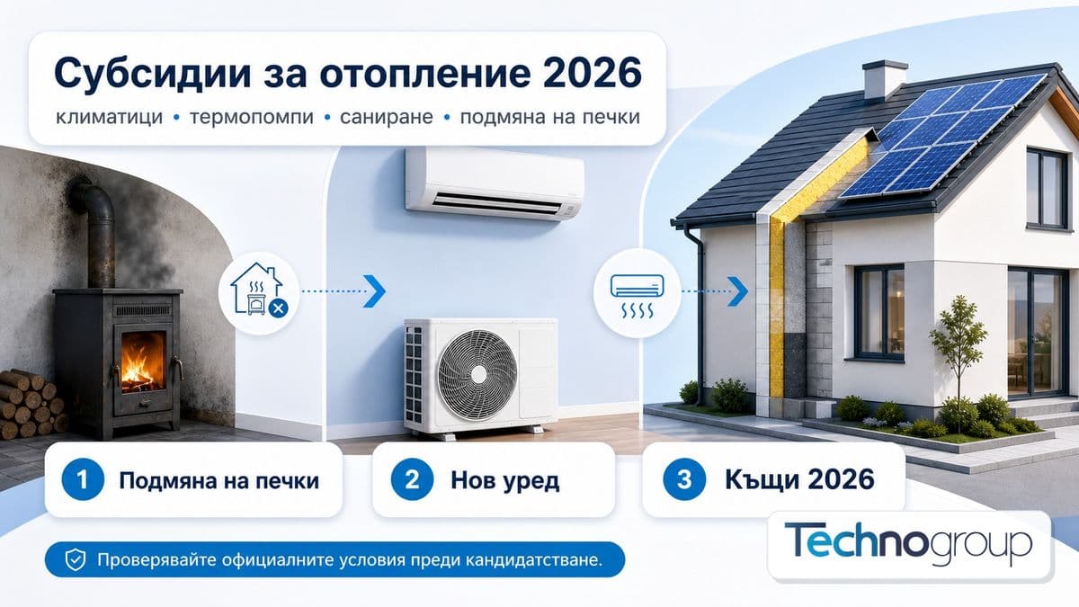 Инфографика за субсидии за отопление през 2026: подмяна на печки, нов климатик или термопомпа и енергийно обновяване на къщи