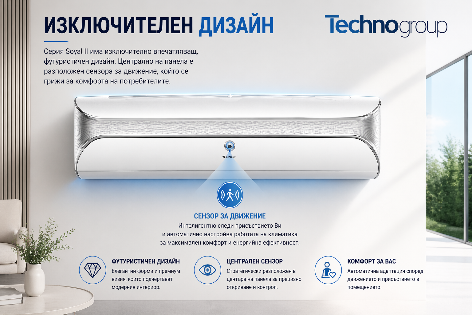 Gree SOYAL II – изключителен дизайн с централен сензор за движение, футуристична визия, автоматична адаптация към присъствието